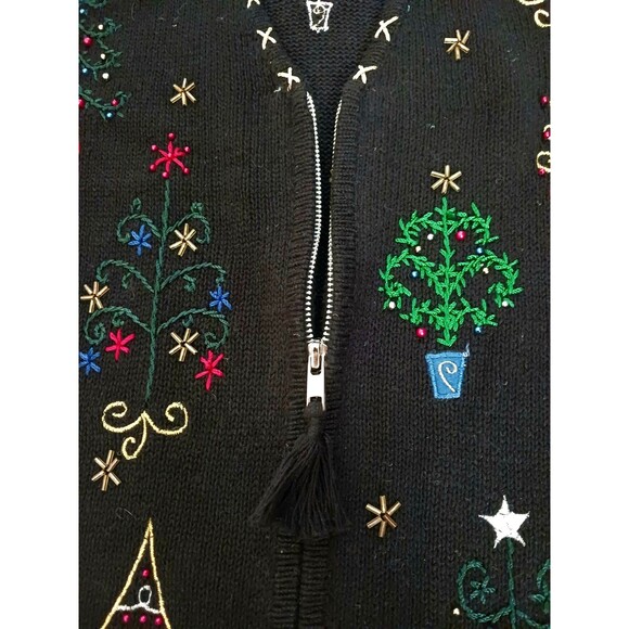NWT Erika Knit XMAS Trees Vest Blk Cotton Embroidered w Beads Zip Front Sz M - Picture 2 of 9